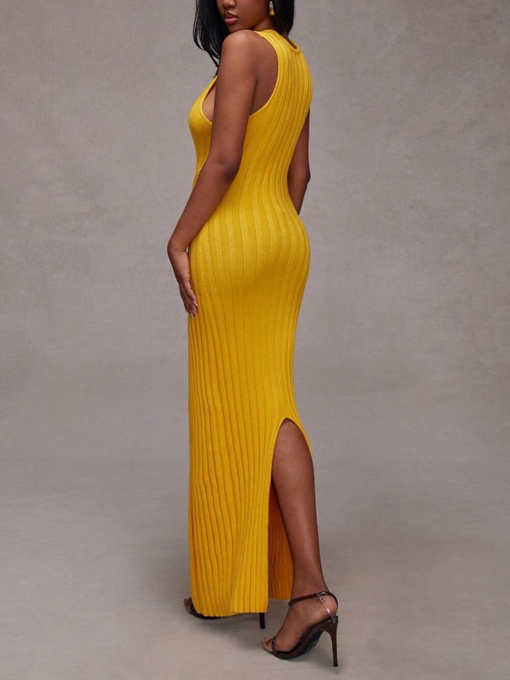Yellow Sexy Women's Cut Out Criss Cross Bodice Fitted Bodycon Knit Maxi dress - Picture 6 of 6